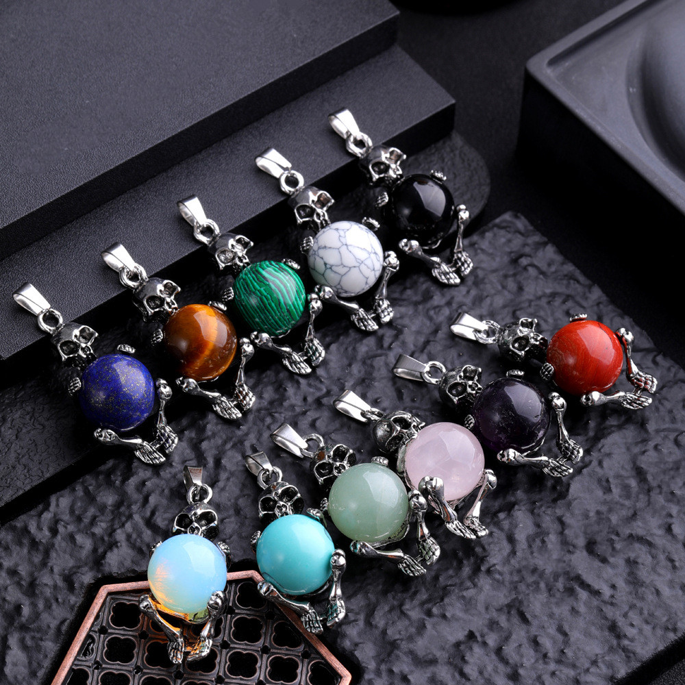 Natural Gem Stone skull Necklace Pendant Malachite Rose Quartz Opal Charm Jewelry Making diy accessories