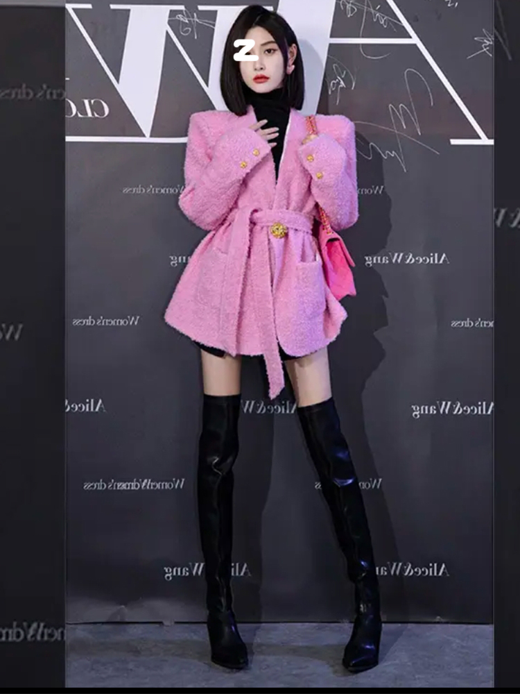 Womens autumn winter v-neck sashes woolen pink color blends coat SML