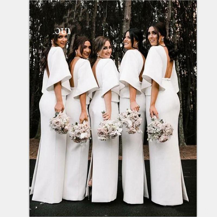2023 Satin Arabic Mermaid Bridesmaid Dresses V Neck Backless Back Slit Half Trumpet Sleeve Garden Country Wedding Guest Gowns Maid of Honor Dress