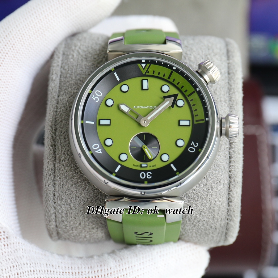 New Silver Case QBB202 Tambour Automatic Mens Watch Olive Green Dial Rubber Strap 44mm Gents Popular Wristwatches