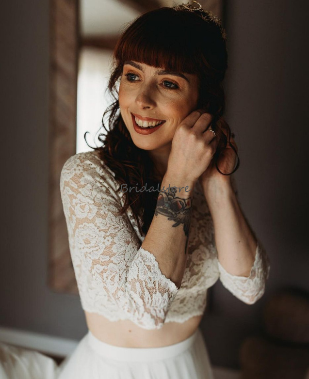 Simple Two Piece Boho Wedding Dress 2023 Lace O Neck Long Sleeve Tulle Bride Dress Floor Length Garden Country Bridal Hippies Vestidos De Novia abito 