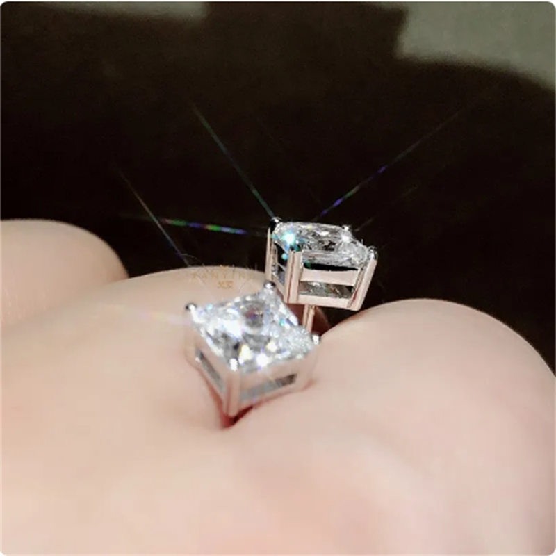 Fine Square Stud Earring diamond Real 925 Sterling Silver Engagement Wedding Earrings for women Bridal Party Jewelry