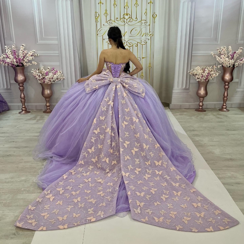 Elegant Lavender Shiny Princess Quinceanera Dress Bow Butterfly Bead Crystal Birthday Prom Sweet Gown Vestidos De Anos