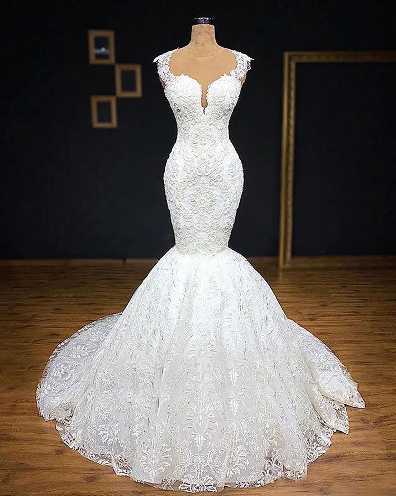 Wedding Dresses White Bridal Gowns Ivory Formal Mermaid Trumpet Applique Lace New Plus Size Custom Sweetheart Sleeveless Illusion Button
