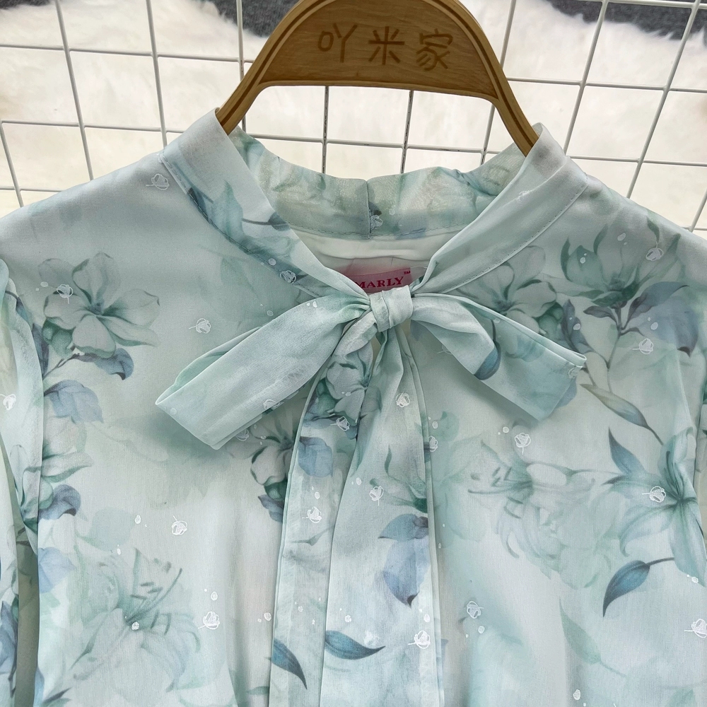 Spring and Autumn French Tea Break Long Skirt Gentle Style Lace Up Waist Show Thin A-line Ruffle Edge Fragmented Chiffon Dress