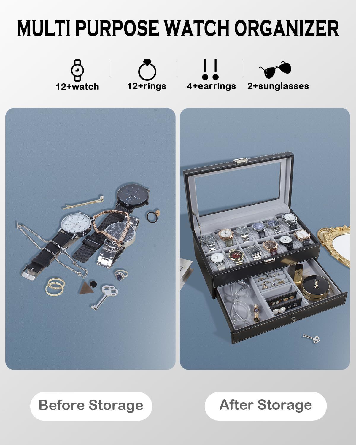 Watch Boxes Cases 12 Slot PU Leather Lockable Storage Men Women's Jewelry Display Drawer Case 2tier Organizer Showcase 230911