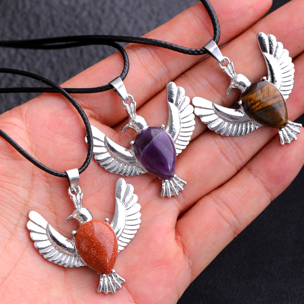 Natural Stone waterdrop peace dove pendant necklaces Amethysts Rose Quartz Tiger's Eye lapis necklace for women jewelry