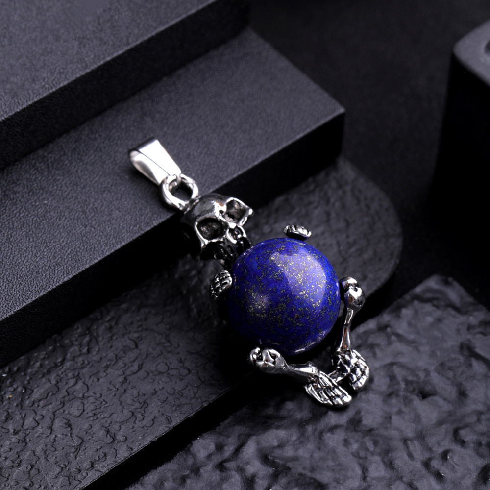Natural Gem Stone skull Necklace Pendant Malachite Rose Quartz Opal Charm Jewelry Making diy accessories