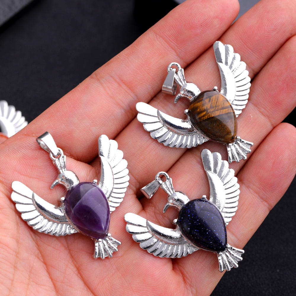 Natural Stone waterdrop peace dove pendant necklaces Amethysts Rose Quartz Tiger's Eye lapis necklace for women jewelry