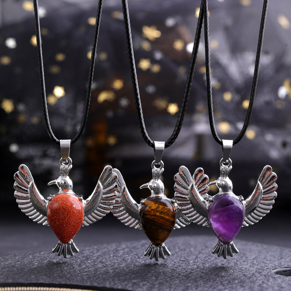 Natural Stone waterdrop peace dove pendant necklaces Amethysts Rose Quartz Tiger's Eye lapis necklace for women jewelry