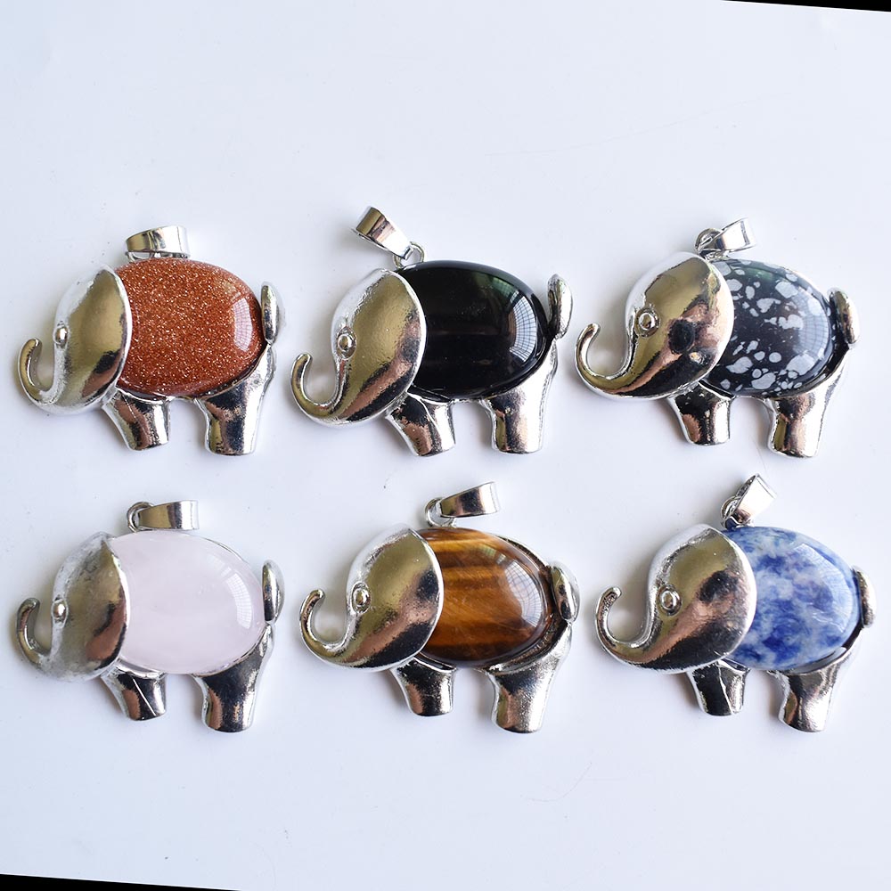 Vintage Natural stone Rose Quartz Pendant Antique Silver Color Animal Elephant Necklace Pendants Charms Jewelry