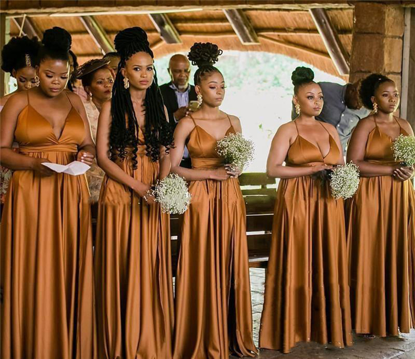 2023 Brown Bridesmaid Dresses Spaghetti Floor Length South Africa Wedding Guest Evening Party Gowns Maif of Honor Dress Plus Size Cheap