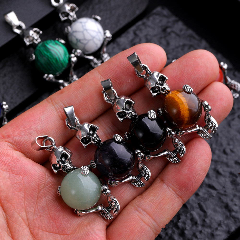 Natural Gem Stone skull Necklace Pendant Malachite Rose Quartz Opal Charm Jewelry Making diy accessories