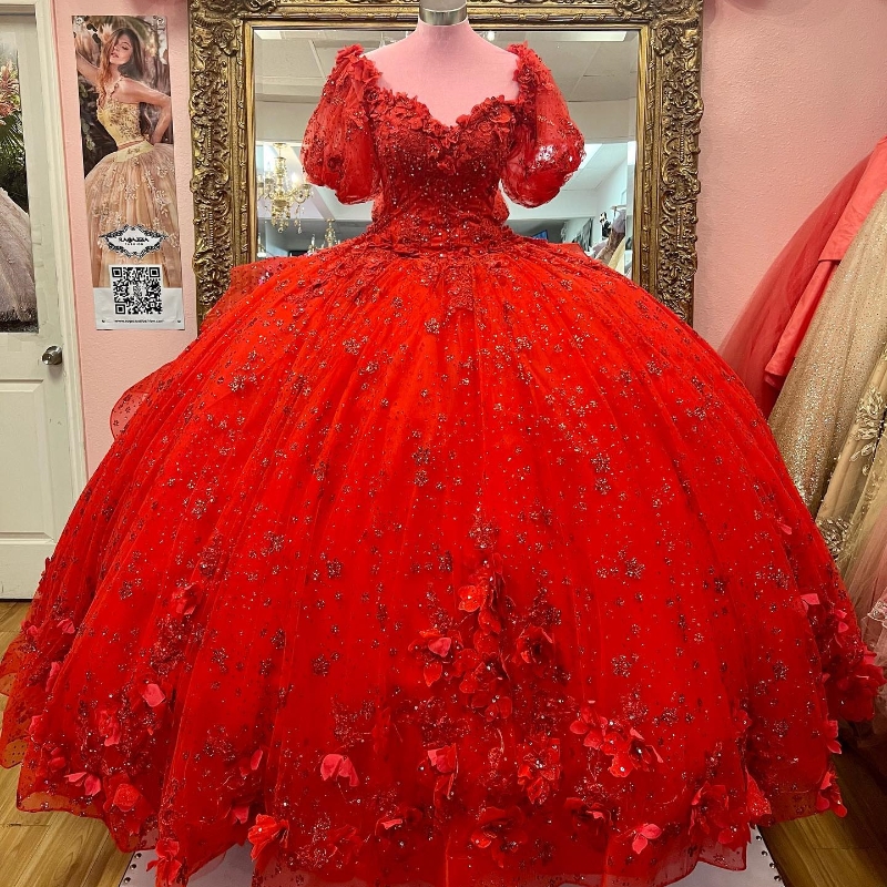 Red Shiny Sweetheart Lace Appliques Quinceanera Dresses Off Shoulder Beaded Ball Gown Princess Birthday Sweet 16 Dress