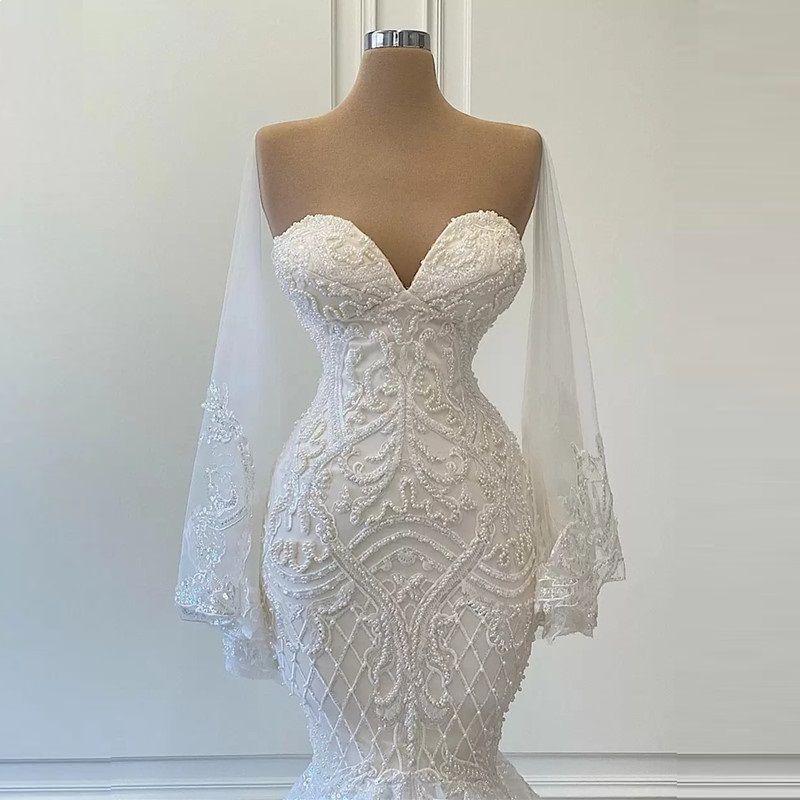 Arabic White Wedding Dresses Detachable Long Sleeves Mermaid Bridal Gowns Beads Lace Applique Nigerian Marriage Dress Plus Size Custom Made