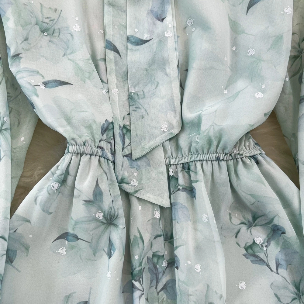 Spring and Autumn French Tea Break Long Skirt Gentle Style Lace Up Waist Show Thin A-line Ruffle Edge Fragmented Chiffon Dress