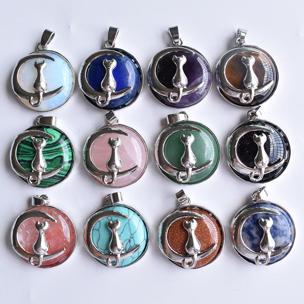 Fashion Cat Moon Pendant for Necklace Round Natural Stone Cute Kitten Lucky Jewelry Fit Women Necklaces Gift