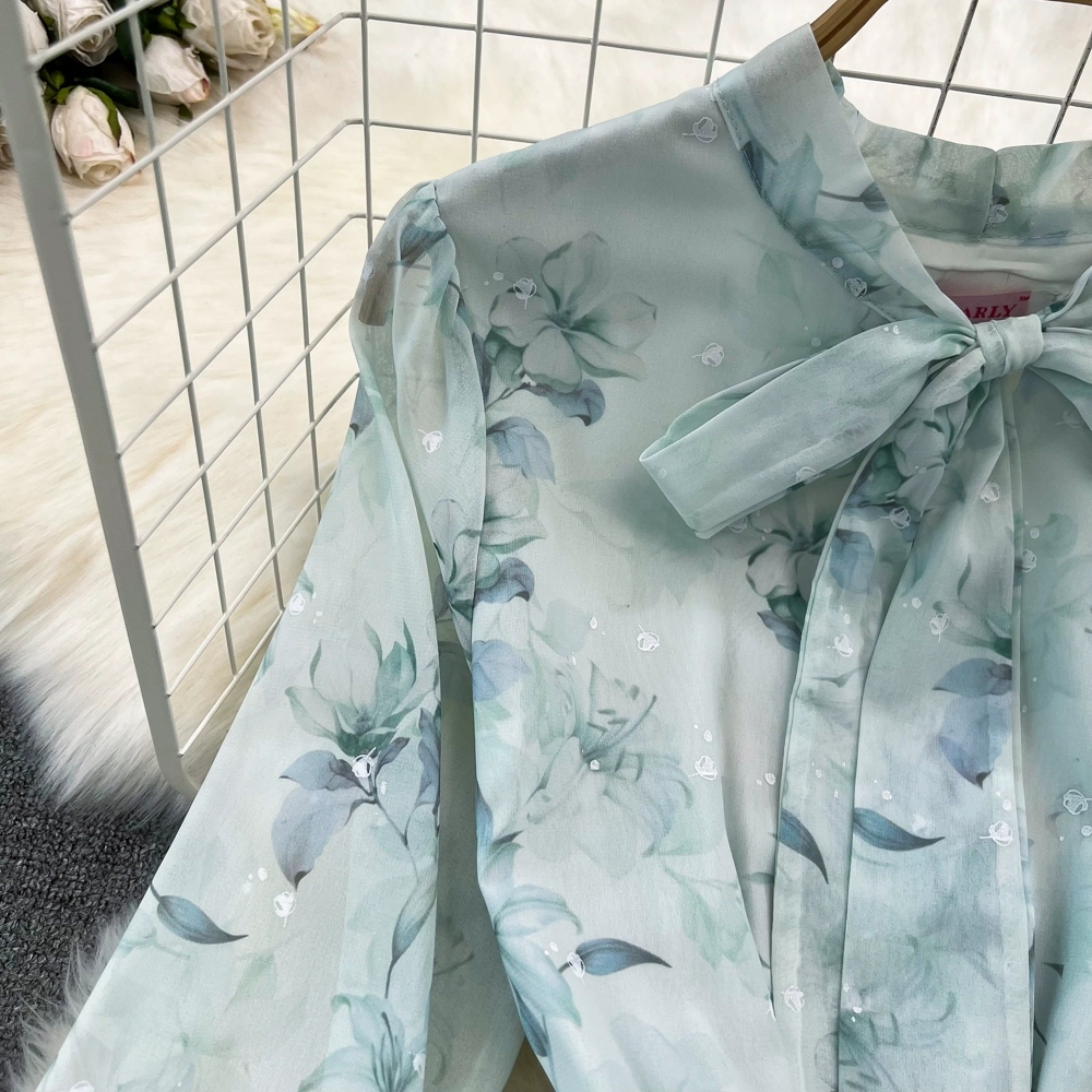 Spring and Autumn French Tea Break Long Skirt Gentle Style Lace Up Waist Show Thin A-line Ruffle Edge Fragmented Chiffon Dress