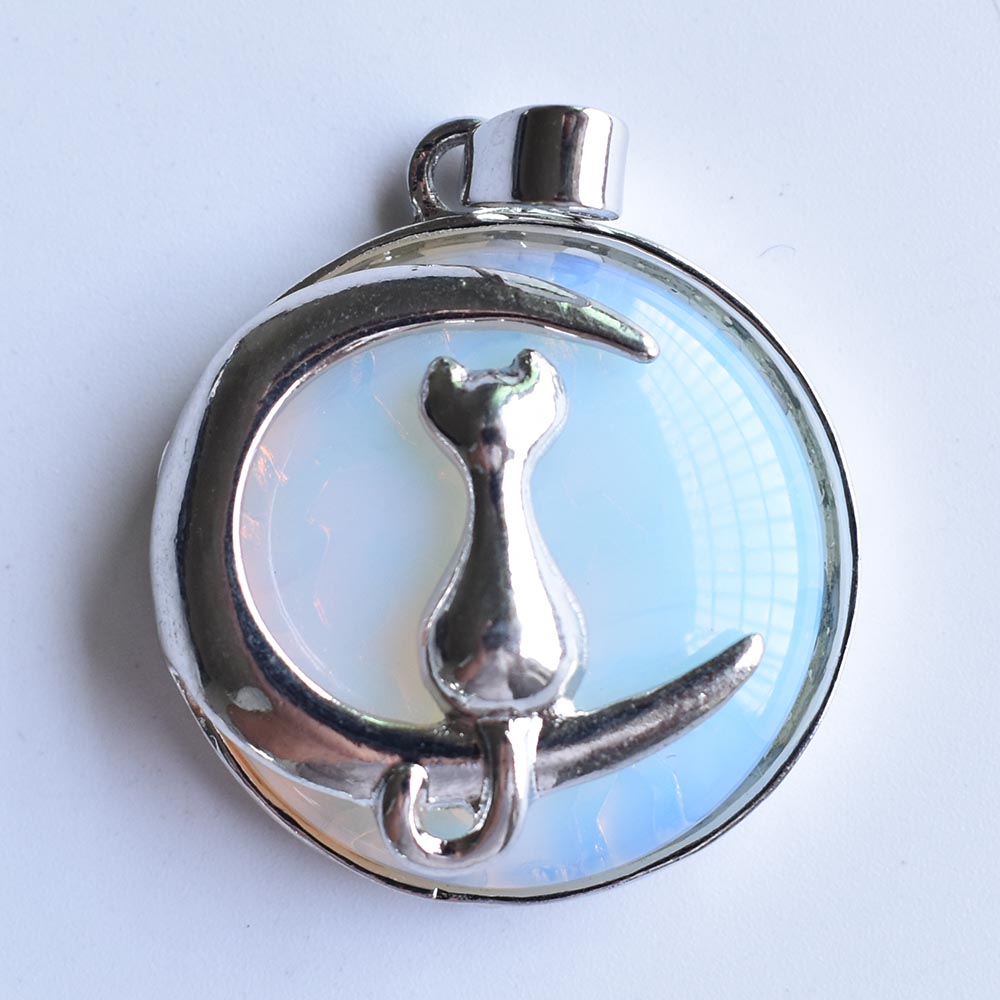 Fashion Cat Moon Pendant for Necklace Round Natural Stone Cute Kitten Lucky Jewelry Fit Women Necklaces Gift