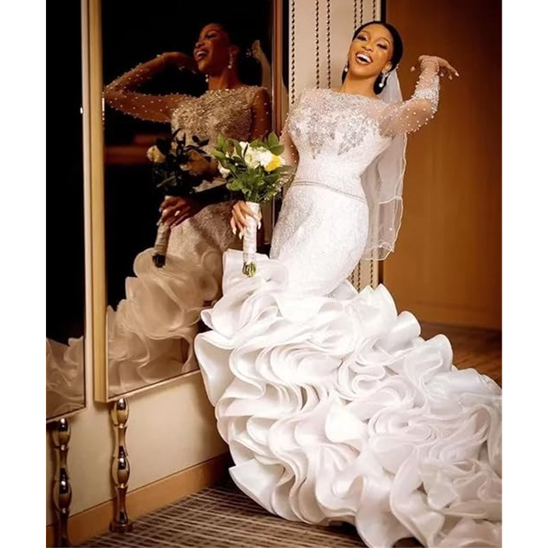 Ivory Tulle Off The Shoulder Long Sleeves Bridal Gown Floor-Length A-Line Wedding Dress Court Train Custom Made 03