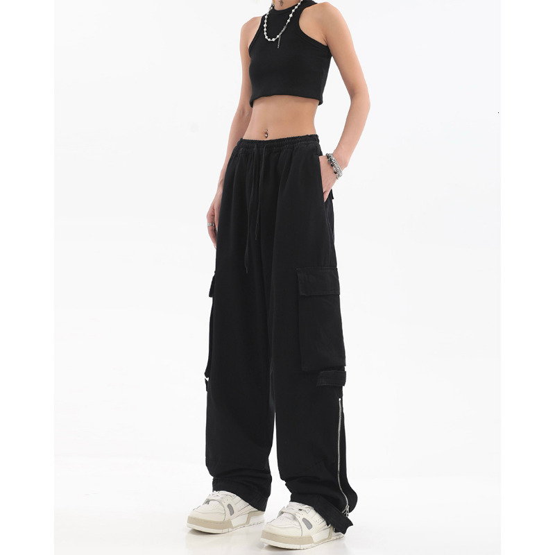 Womens Two Piece Women Big Pockets Cargo Y2k High Elastic Waist Drawstring Baggy Trousers Vintage Casual Loose Side Zipper Straight Pants 230912 Z2603