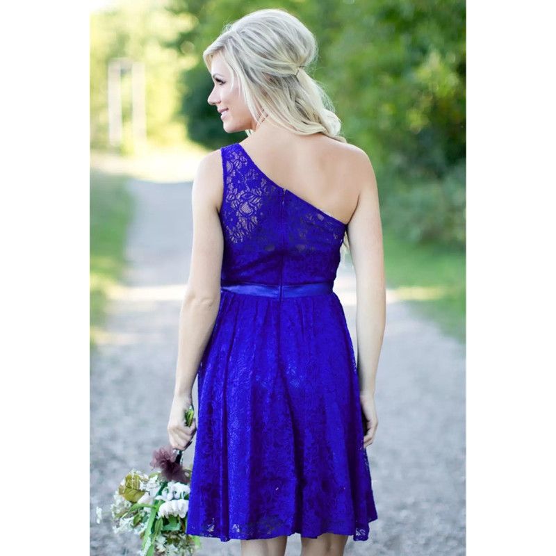 Royal Blue Country Bridesmaid Dresses New Short For Weddings Lace Knee Length With Sash One Shoulder Maid of Honor Gowns Under 100