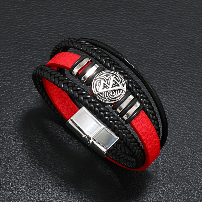 New Trendy Multi Layered Black Red Leather Bracelet Cuff Bangle Jewelry for Gift
