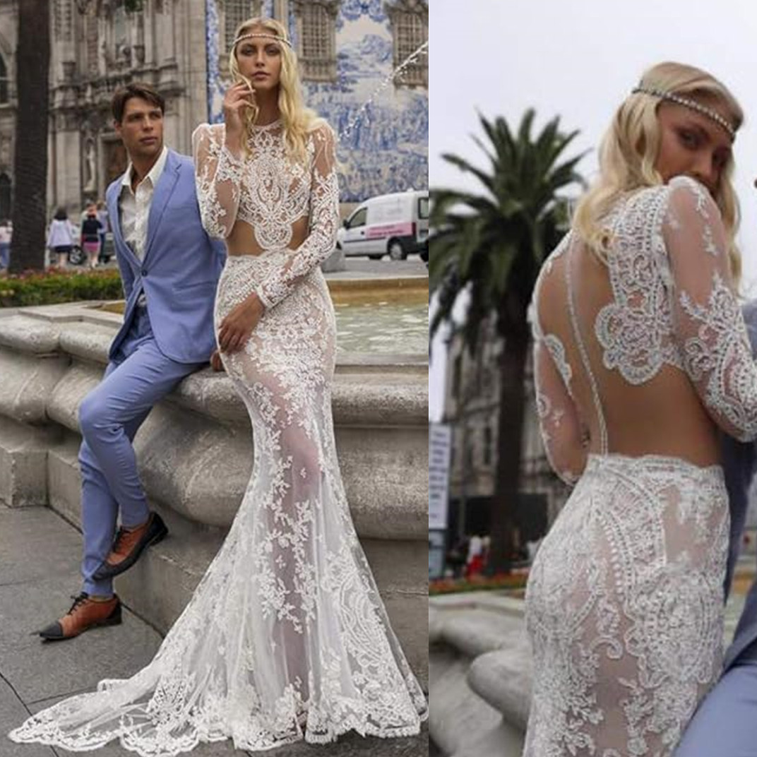 Sexy Illusion Wedding Dresses Mermaid Long Sleeve Applique Vestido De Noiva Sweep Train Tulle Vestidos De Novia 02