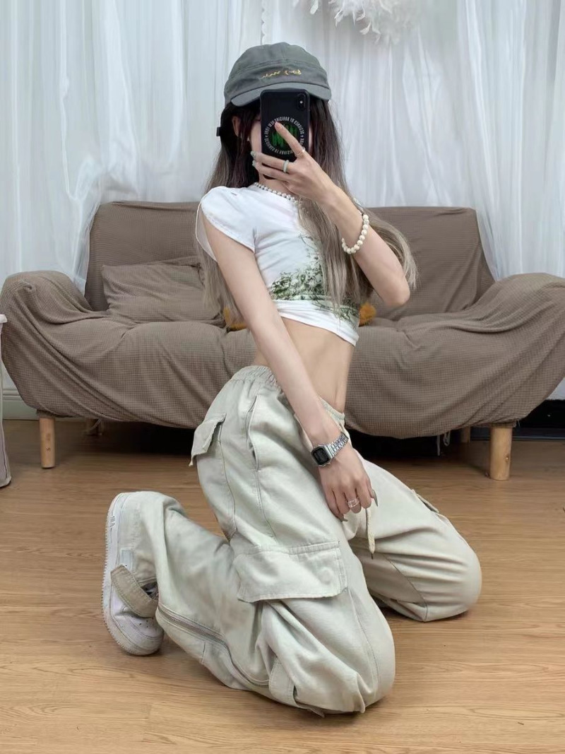 Womens Two Piece Women Big Pockets Cargo Y2k High Elastic Waist Drawstring Baggy Trousers Vintage Casual Loose Side Zipper Straight Pants 230912 Z2603