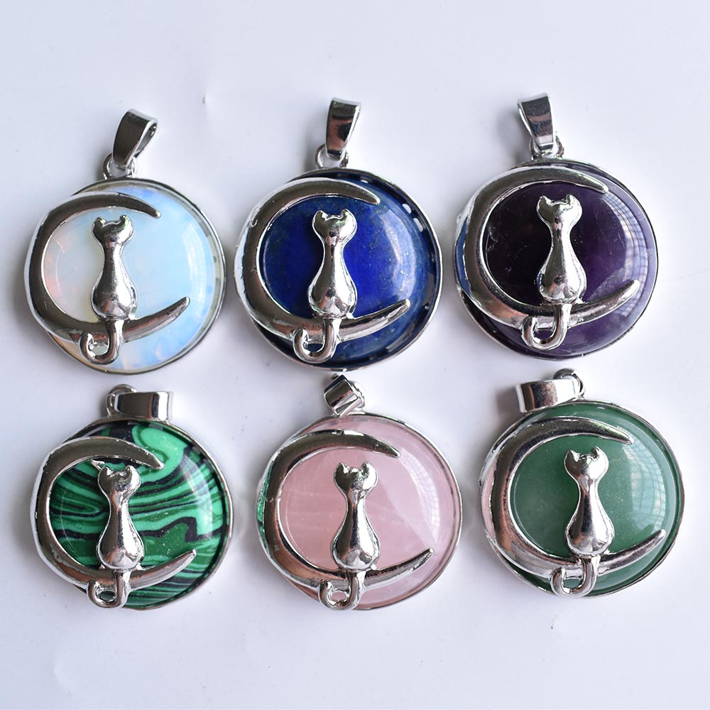 Fashion Cat Moon Pendant for Necklace Round Natural Stone Cute Kitten Lucky Jewelry Fit Women Necklaces Gift