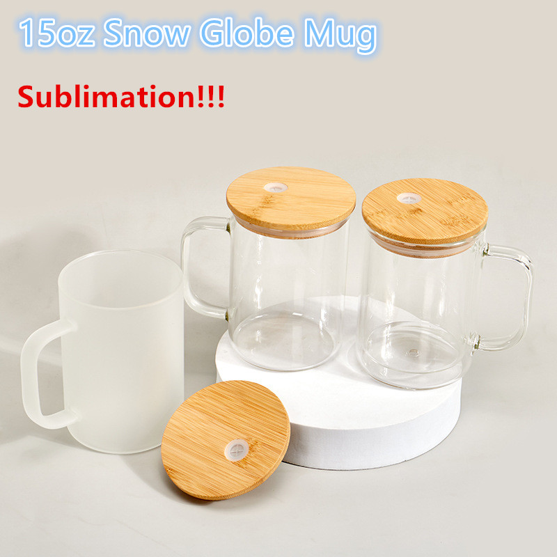 15oz Sublimation Glass Coffee Mugs Snow Globe glass With Bamboo Lid Double Wall Glass Mug Clear Frosted Beer Glass Clear Drinking Glasses custom gift