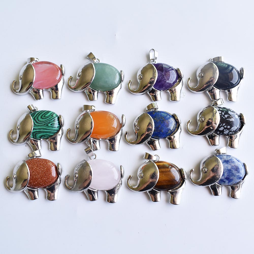 Vintage Natural stone Rose Quartz Pendant Antique Silver Color Animal Elephant Necklace Pendants Charms Jewelry