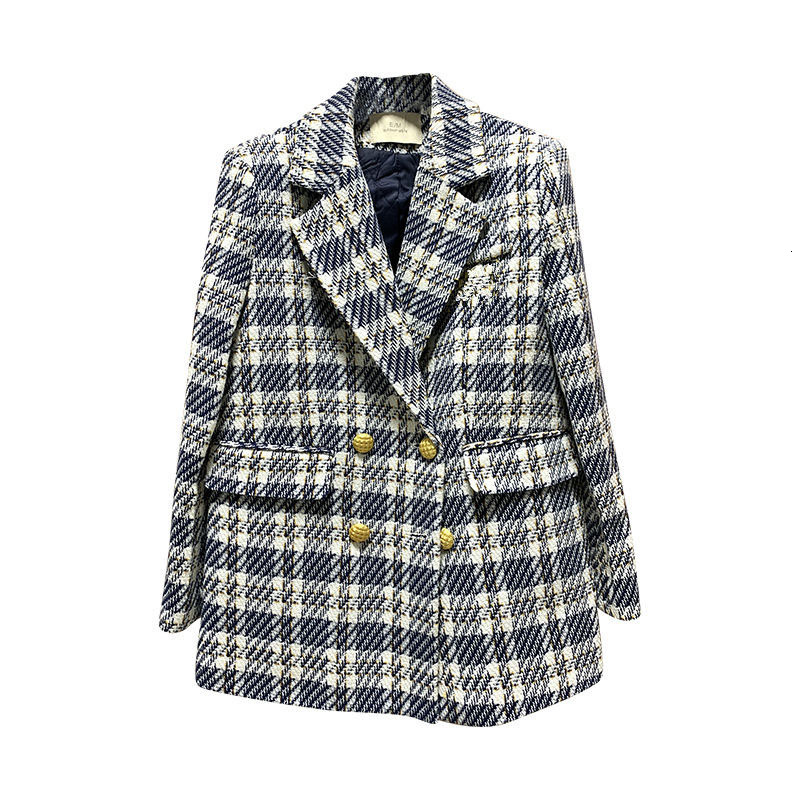 Women's Suits Blazers Korean Fashion Plaid Tweed Blazers Women Fall Vintage Double Breasted Quilted Cotton Suit Jacket Elegant Lady Chic Coat 230