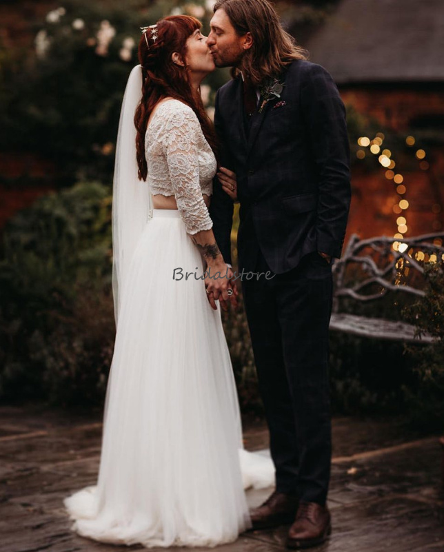Simple Two Piece Boho Wedding Dress 2023 Lace O Neck Long Sleeve Tulle Bride Dress Floor Length Garden Country Bridal Hippies Vestidos De Novia abito 