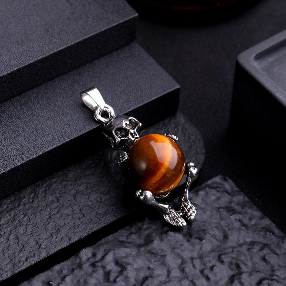 Natural Gem Stone skull Necklace Pendant Malachite Rose Quartz Opal Charm Jewelry Making diy accessories