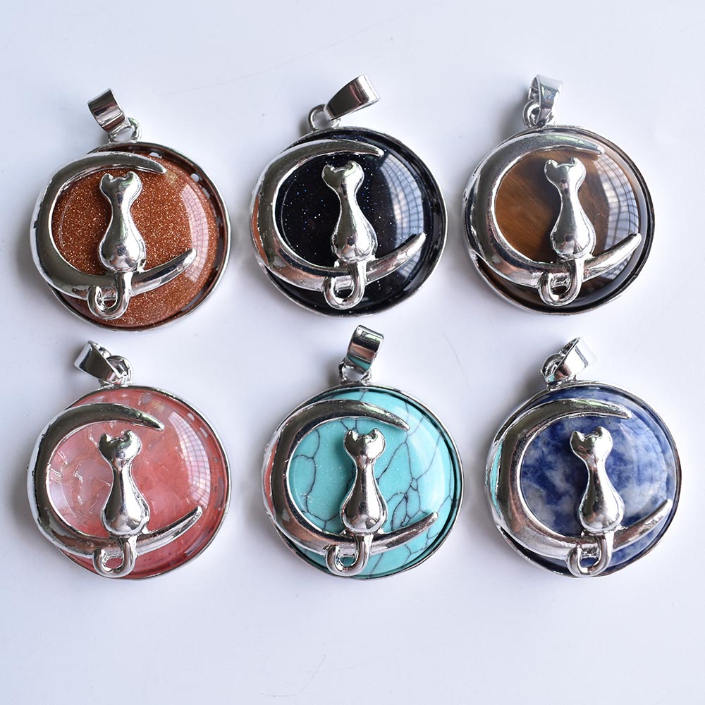 Fashion Cat Moon Pendant for Necklace Round Natural Stone Cute Kitten Lucky Jewelry Fit Women Necklaces Gift