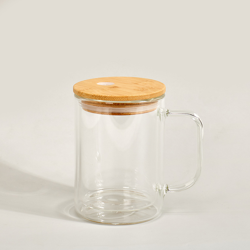 15oz Sublimation Glass Coffee Mugs Snow Globe glass With Bamboo Lid Double Wall Glass Mug Clear Frosted Beer Glass Clear Drinking Glasses custom gift