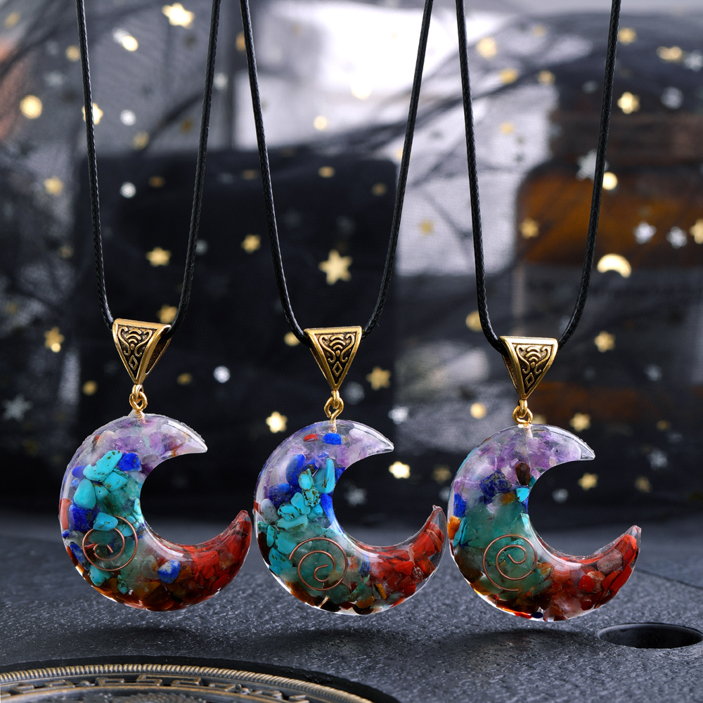 Natural Stone Amethysts Rose Quartz lapis Gravel necklace 7 chakra moon Pendant necklace for women jewelry