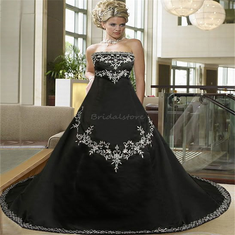 Spanish Black Gothic Wedding Dress With Embroidery Vintage Satin Strapless Bridal Gowns 2023 Plus Size Corset Vestidos De Novia Gardden Church Bride R
