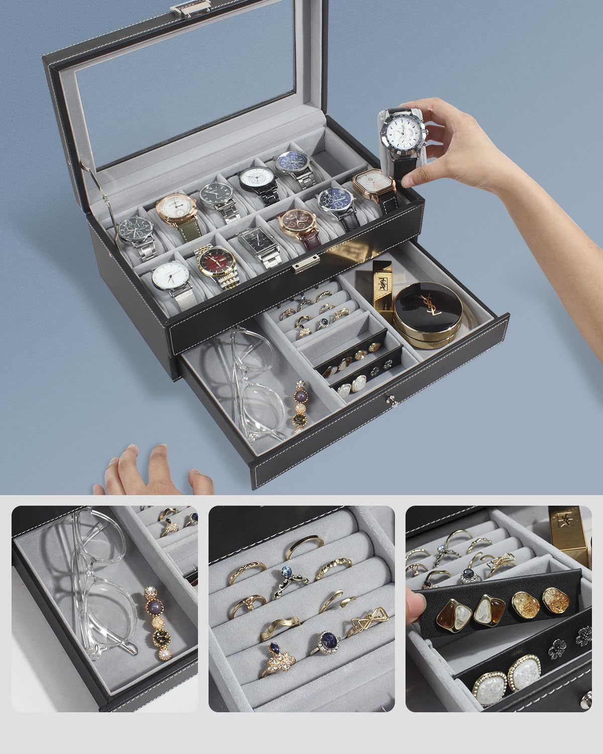 Watch Boxes Cases 12 Slot PU Leather Lockable Storage Men Women's Jewelry Display Drawer Case 2tier Organizer Showcase 230911