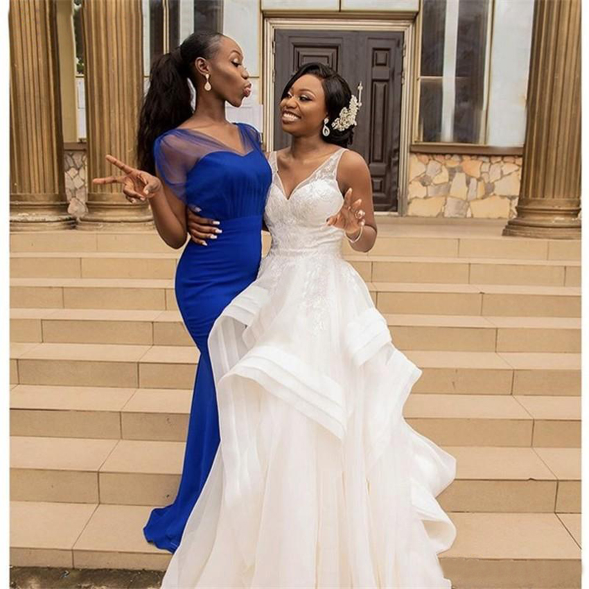 Royal Blue Mermaid Bridesmaid Dresses 2023 Off Shoulder Sweep Train Garden Country African Wedding Guest Gowns Maid of Honor Dress Cheap
