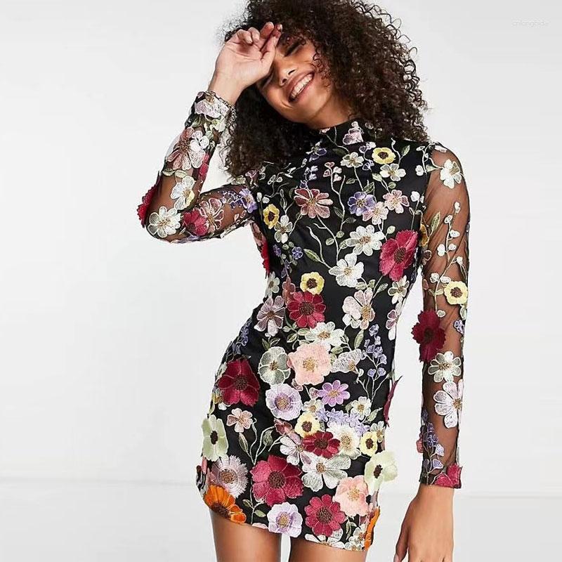 Casual Dresses Floral Embroidery Elegant Luxury Women Mini Dress Half High Collar Long Sleeve Spring Evening Party Lady Vestido