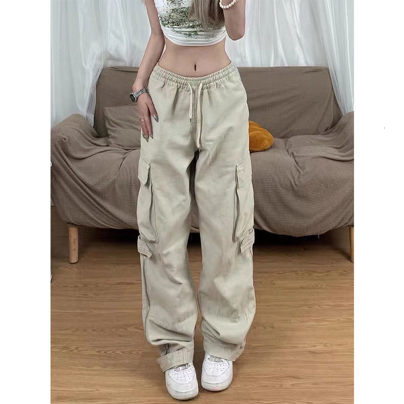 Womens Two Piece Women Big Pockets Cargo Y2k High Elastic Waist Drawstring Baggy Trousers Vintage Casual Loose Side Zipper Straight Pants 230912 Z2603