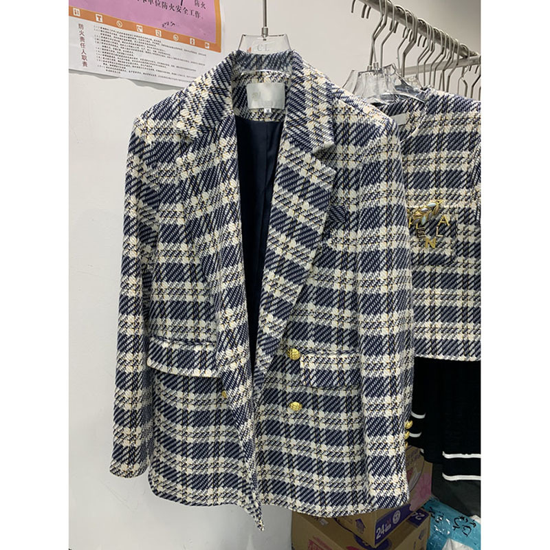 Women's Suits Blazers Korean Fashion Plaid Tweed Blazers Women Fall Vintage Double Breasted Quilted Cotton Suit Jacket Elegant Lady Chic Coat 230