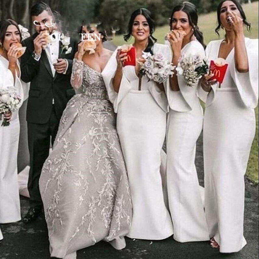 2023 Satin Arabic Mermaid Bridesmaid Dresses V Neck Backless Back Slit Half Trumpet Sleeve Garden Country Wedding Guest Gowns Maid of Honor Dress