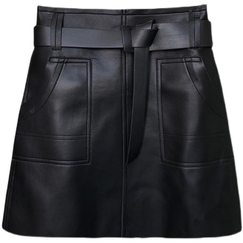 Womens autumn black color PU leather with belt short a-line skirt MLXLXXL3XL