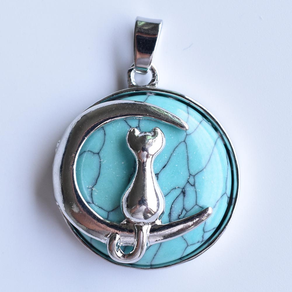 Fashion Cat Moon Pendant for Necklace Round Natural Stone Cute Kitten Lucky Jewelry Fit Women Necklaces Gift