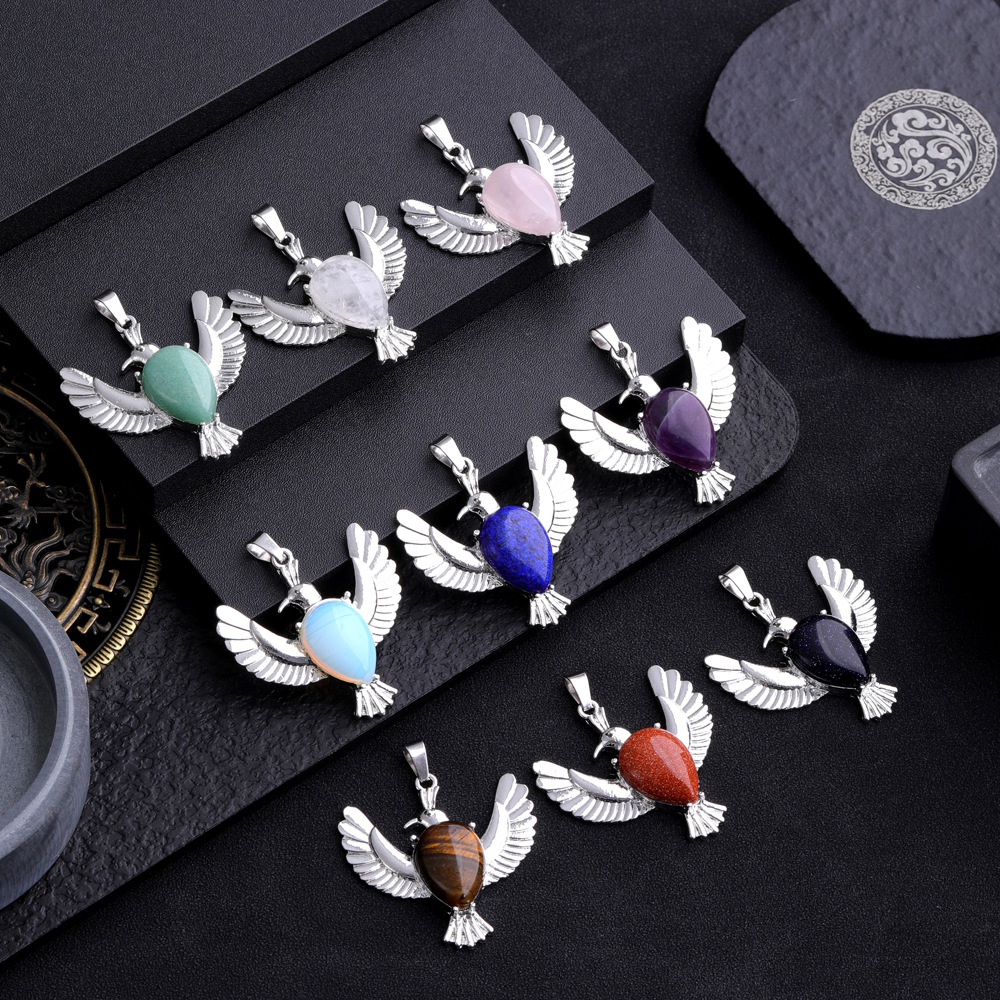 Natural Stone waterdrop peace dove pendant necklaces Amethysts Rose Quartz Tiger's Eye lapis necklace for women jewelry
