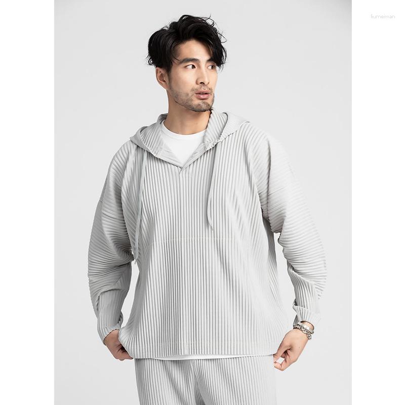 Men's Hoodies Miyake Pleated For Men Black Hoodie 2023 Solid Color Coat Breathable Loose Drawstring Casual Top Man Clothing