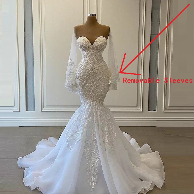 Arabic White Wedding Dresses Detachable Long Sleeves Mermaid Bridal Gowns Beads Lace Applique Nigerian Marriage Dress Plus Size Custom Made